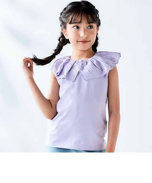 スカラップレースフリルカラー天竺ノースリーブTシャツ(90~150cm)