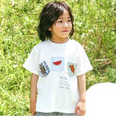 【吸汗速乾】チェックダンガリー色々ワッペン付きポケット半袖Tシャツ(80~130cm)