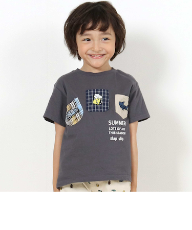 【吸汗速乾】チェックダンガリー色々ワッペン付きポケット半袖Tシャツ(80~130cm)