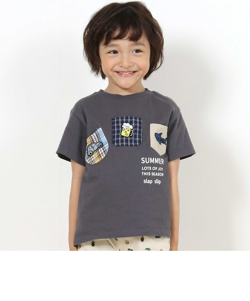 【吸汗速乾】チェックダンガリー色々ワッペン付きポケット半袖Tシャツ(80~130cm)