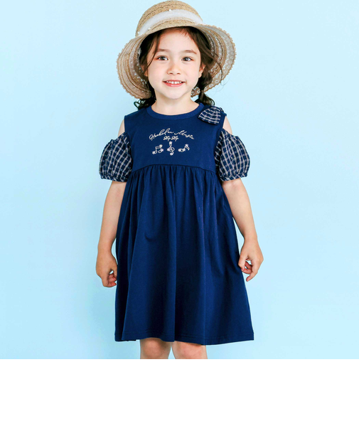 ストライプチェック袖リボンオフショルワンピース(90~130cm)