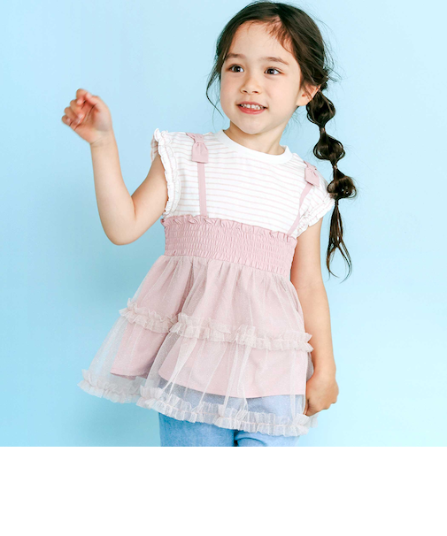 肩リボンチュールキャミソールドッキングTシャツ(80~130cm)