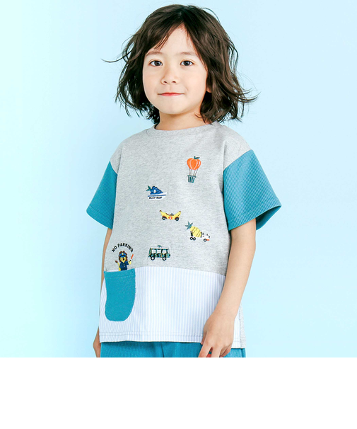 【吸汗速乾】ポケット付きいろんなモチーフ刺しゅう袖配色Tシャツ(80~130cm)