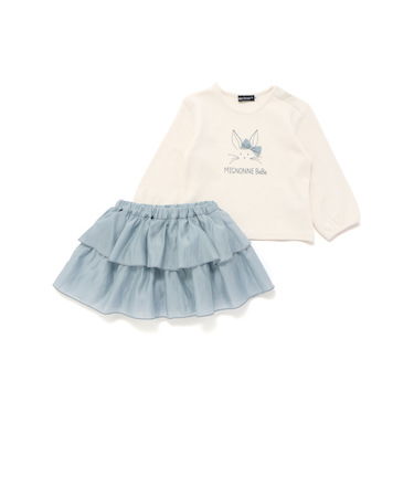 Lapinプリント長袖Tシャツ+インナーパンツ付きフリルスカート 2点セット(80~100cm)