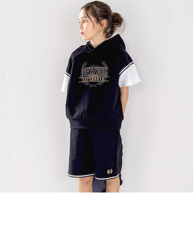 ミニ裏毛フード付き半袖パーカー+ショートパンツセットアップ(110~150cm)