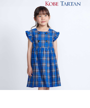 【お揃い】【神戸タータン×BeBe】チェックダブルボタンフリル袖ワンピース(90~150cm)