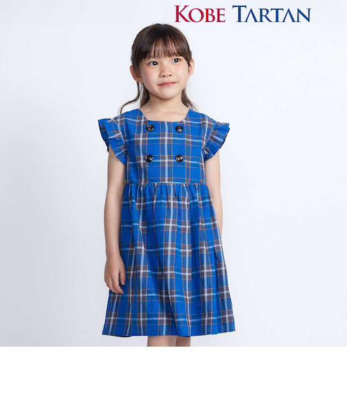 【お揃い】【神戸タータン×BeBe】チェックダブルボタンフリル袖ワンピース(90~150cm)