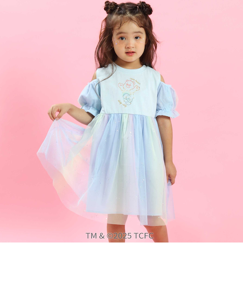 moon.°＊可愛い♡プライベートレーベルワンピース　130 卒服　ピンク ケアベア×SLAP SLIP】キラキラプリント肩あきチュールワンピース