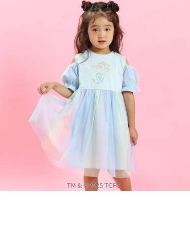 【ケアベア×SLAP SLIP】キラキラプリント肩あきチュールワンピース(100~130cm)