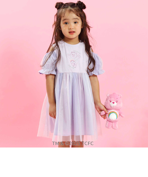 【ケアベア×SLAP SLIP】キラキラプリント肩あきチュールワンピース(100~130cm)