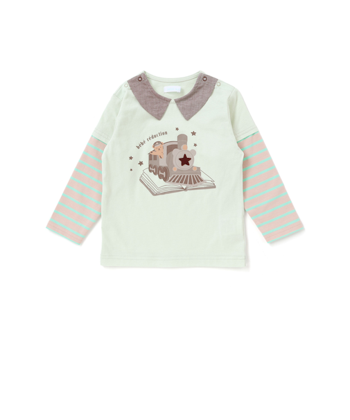 【お揃い】ボーダー袖切り替え汽車プリント長袖Tシャツ(70~90cm)