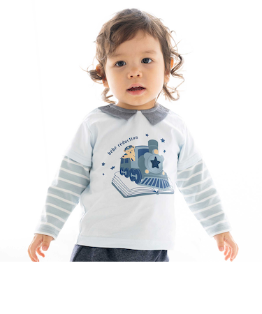 【お揃い】ボーダー袖切り替え汽車プリント長袖Tシャツ(70~90cm)