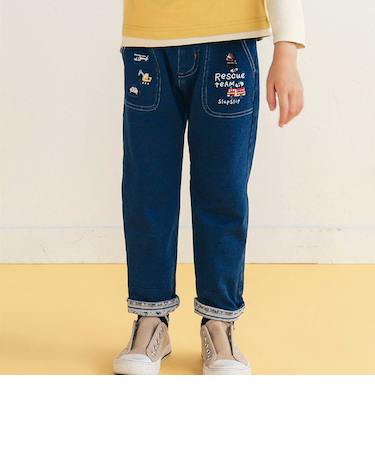 【お揃い】はたらくくるま恐竜プリントデニムニットパンツ(80~130cm)