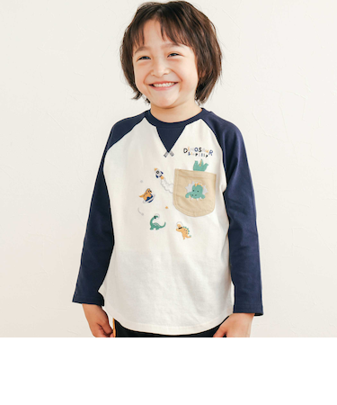 【お揃い】はたらくくるま恐竜刺しゅう胸ポケット付きラグランTシャツ(80~130cm)