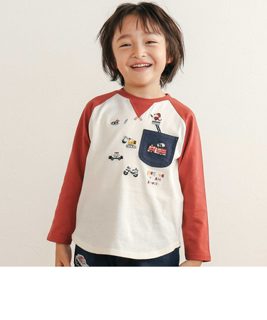 【お揃い】はたらくくるま恐竜刺しゅう胸ポケット付きラグランTシャツ(80~130cm)