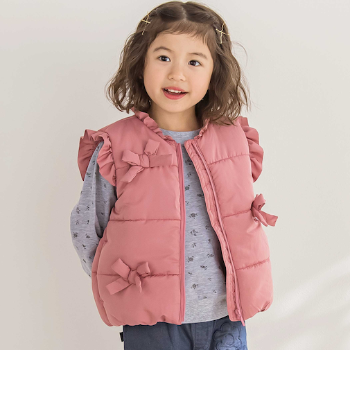 【店舗限定】リボンフリルタフタ中綿ベスト(95~150cm)