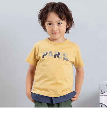 PARISチェックロゴレイヤード風天竺半袖Tシャツ(90~150cm)