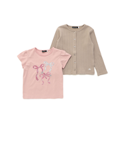 ランダムリブ長袖カーディガン+天竺リボンプリント半袖Tシャツセット(90~150cm)