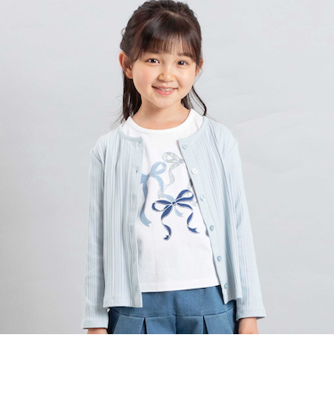 ランダムリブ長袖カーディガン+天竺リボンプリント半袖Tシャツセット(90~150cm)