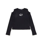 肩開きラインストーンロゴテレコ長袖Tシャツ(110~150cm)