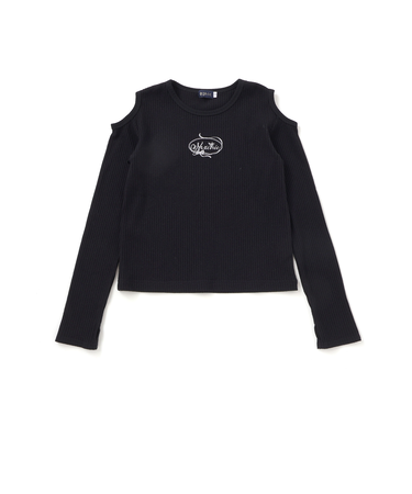 肩開きラインストーンロゴテレコ長袖Tシャツ(110~150cm)