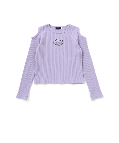 肩開きラインストーンロゴテレコ長袖Tシャツ(110~150cm)