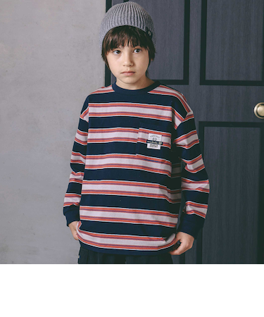 バッグロゴパッチ天竺&マルチボーダー長袖Tシャツ(110~150cm)