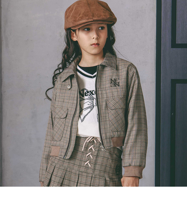 フェイクレザー&チェック柄ブルゾン(110~150cm)