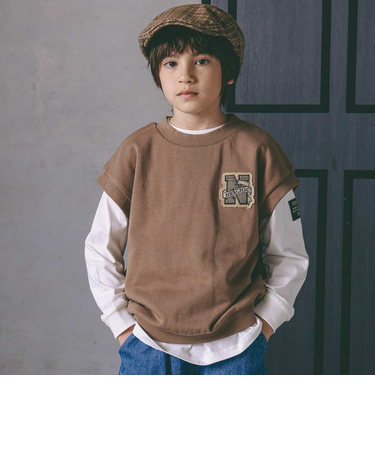 パッチ付きベスト+天竺長袖Tシャツセット(110~150cm)