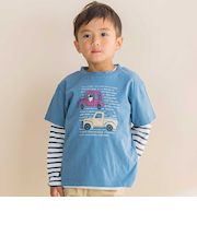 車プリント天竺半袖Tシャツ＋ボーダー柄長袖Tシャツセット(80~130cm)