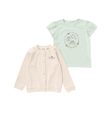ティータイムプリント天竺半袖Tシャツ＋リボン付きスムース長袖カーディガンセット(80~130cm)