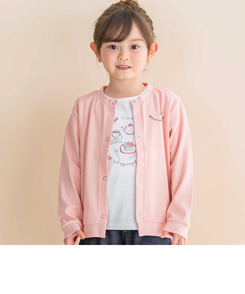 ティータイムプリント天竺半袖Tシャツ＋リボン付きスムース長袖カーディガンセット(80~130cm)