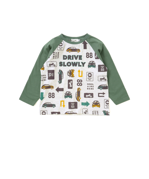 車総柄配色天竺ラグラン長袖Tシャツ(80~130cm)