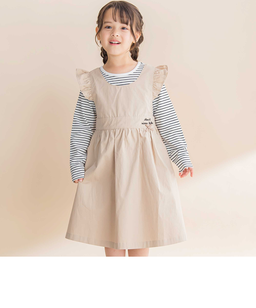 ツイル肩フリルジャンパースカート＋ボーダー長袖Tシャツセット(90~130cm)