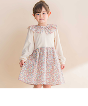 【お揃い】花柄付け襟＋花柄切り替えスムース長袖ワンピース(80~130cm)
