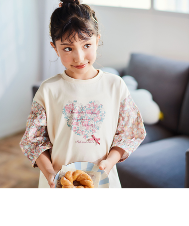 【お揃い】花柄バルーン5分袖スムースTシャツ(80~130cm)