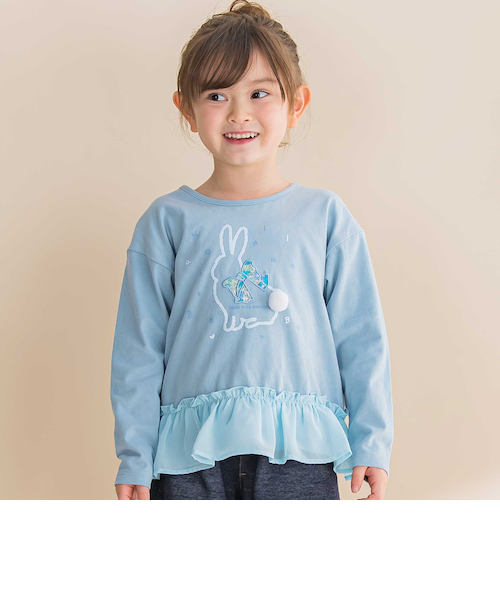 ウサギプリント裾フリル天竺長袖Tシャツ(80~130cm)｜ベベ