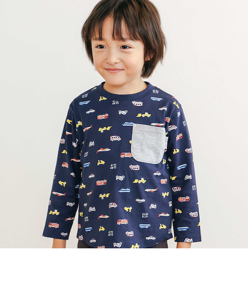 【スララク/防汚加工/オーガニックコットン】わくわく男の子長袖Tシャツ(80~130cm)