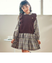 【お揃い】チェック花柄コーデュロイワンピース+ニットベスト2点セット(80~130cm)