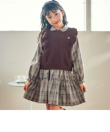 【お揃い】チェック花柄コーデュロイワンピース+ニットベスト2点セット(80~130cm)