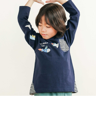 はたらくくるま恐竜ロケットプリントポケット付き長袖Tシャツ(80~130cm)