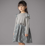 【お揃い】チェック柄裏毛ベロアリボンタックワンピース(95~150cm)
