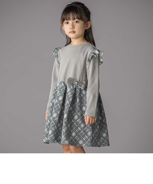 【お揃い】チェック柄裏毛ベロアリボンタックワンピース(95~150cm)