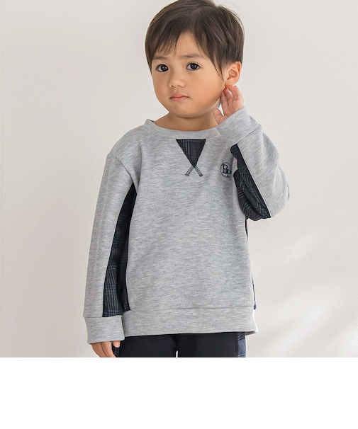 【店舗限定】【お揃い】カノコボンディングチェックジャガード切り替えトレーナー(95~150cm)