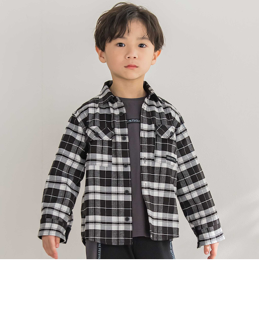 【店舗限定】【お揃い】チェックフラップポケット長袖シャツ(95~150cm)