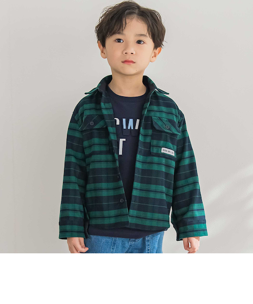 【店舗限定】【お揃い】チェックフラップポケット長袖シャツ(95~150cm)