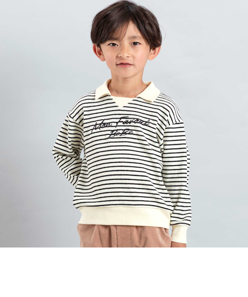 【お揃い】ボーダーリブZIPカラー長袖プルオーバー(90~160cm)