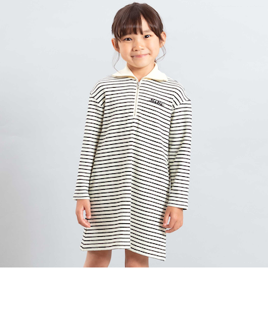 【お揃い】ボーダーリブZIPカラー長袖ワンピース(90~150cm)