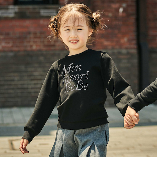 DOUBLE STANDARDラインストーン ロゴトレーナー　ブラック ポンチラインストーンロゴトレーナー(100~160cm)｜ベベ