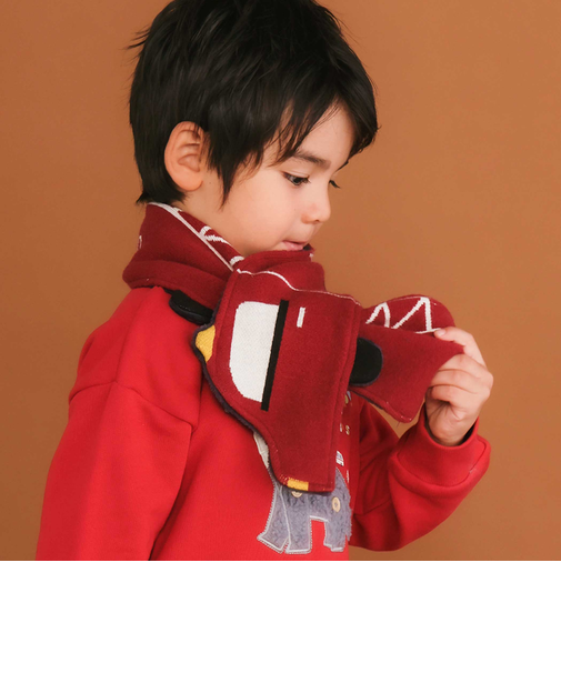 消防車恐竜わくわくモチーフ裏ボアニットマフラー